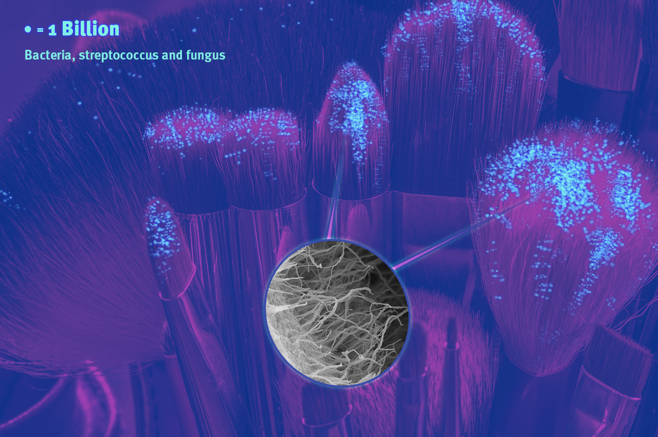 Set of make up brushes with an overlay showing the bacteria on them.